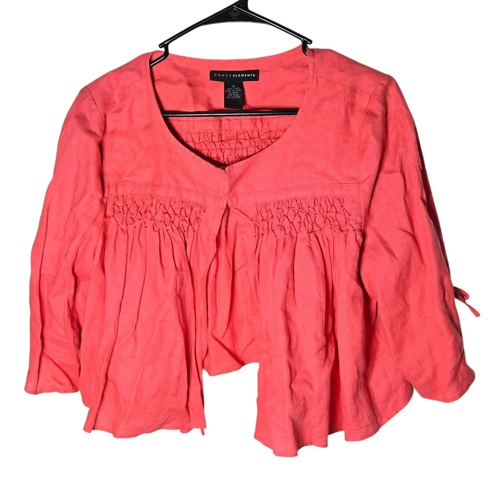 Grace‎ Elements 100% Linen Smocked Beaded Cropped Jacket 14 Coastal Breathable